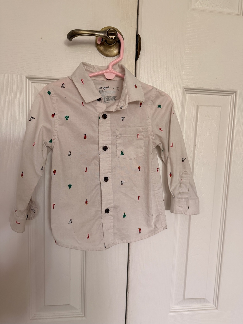 Cat & Jack White Button-Up Shirt with Red and Green Mini Holiday Motifs